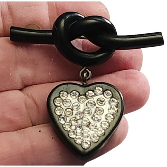 Antique 1940s WW2 Celluloid Dangle Paste Rhinestone Knot Pin Brooch Black Silver - Picture 2 of 3